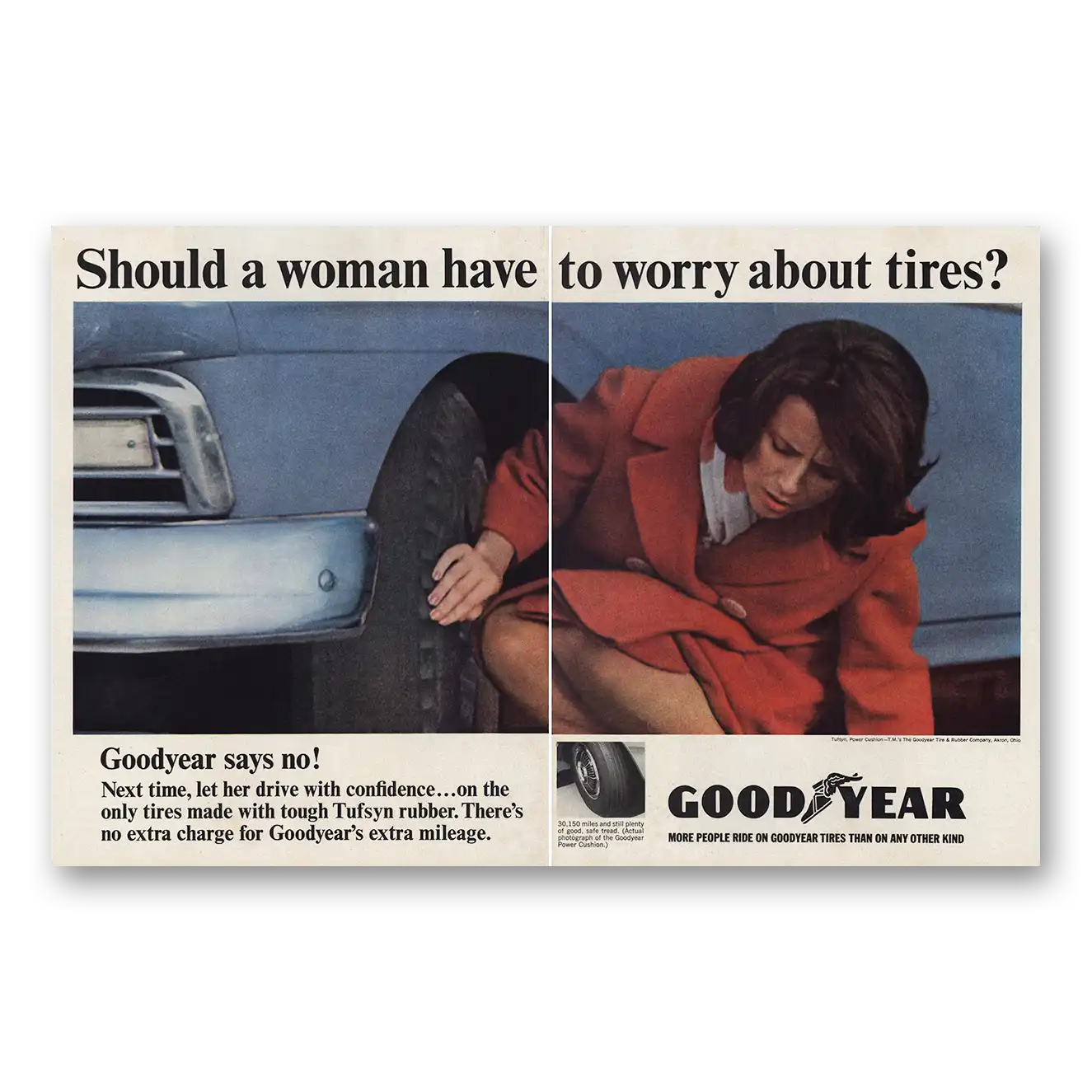 1965 Goodyear Tires Woman Have to Worry About Tires Vintage Magazine Print Ad