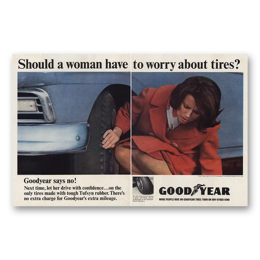 1965 Goodyear Tires Woman Have to Worry About Tires Vintage Magazine Print Ad