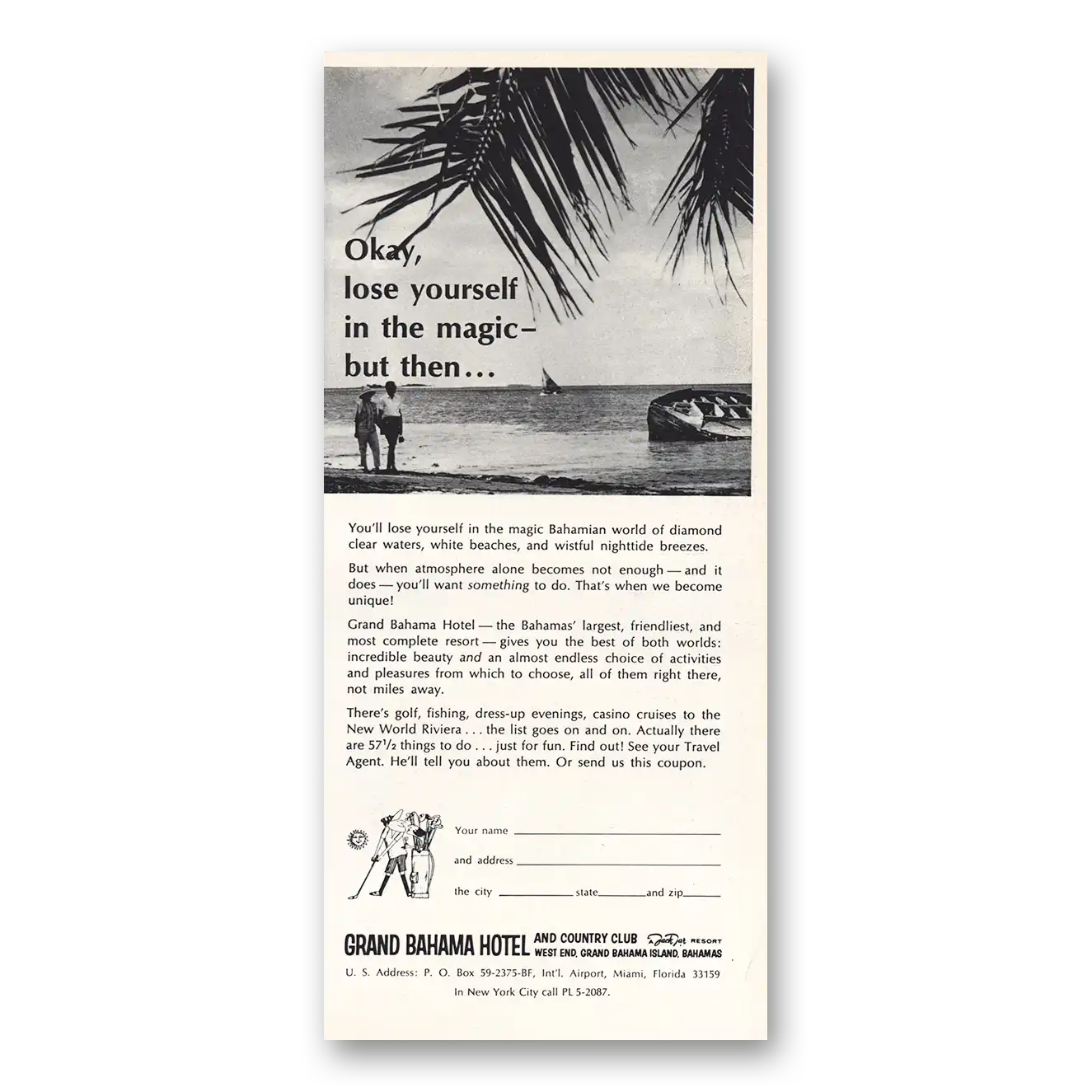 1965 Grand Bahama Hotel Lose Yourself In The Magic Vintage Magazine Print Ad