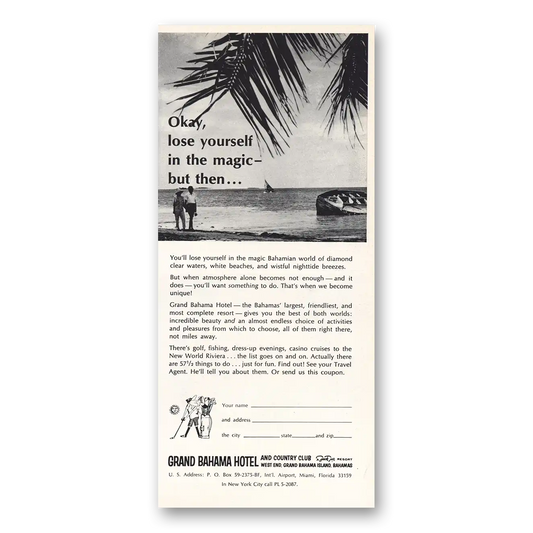 1965 Grand Bahama Hotel Lose Yourself In The Magic Vintage Magazine Print Ad