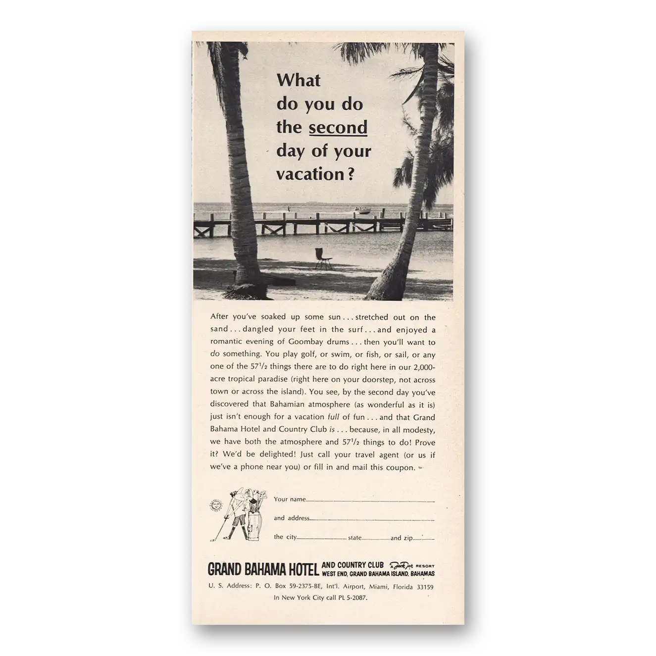 1965 Grand Bahama Hotel Second Day of Vacation Vintage Magazine Print Ad