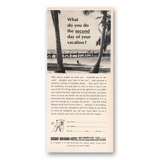 1965 Grand Bahama Hotel Second Day of Vacation Vintage Magazine Print Ad