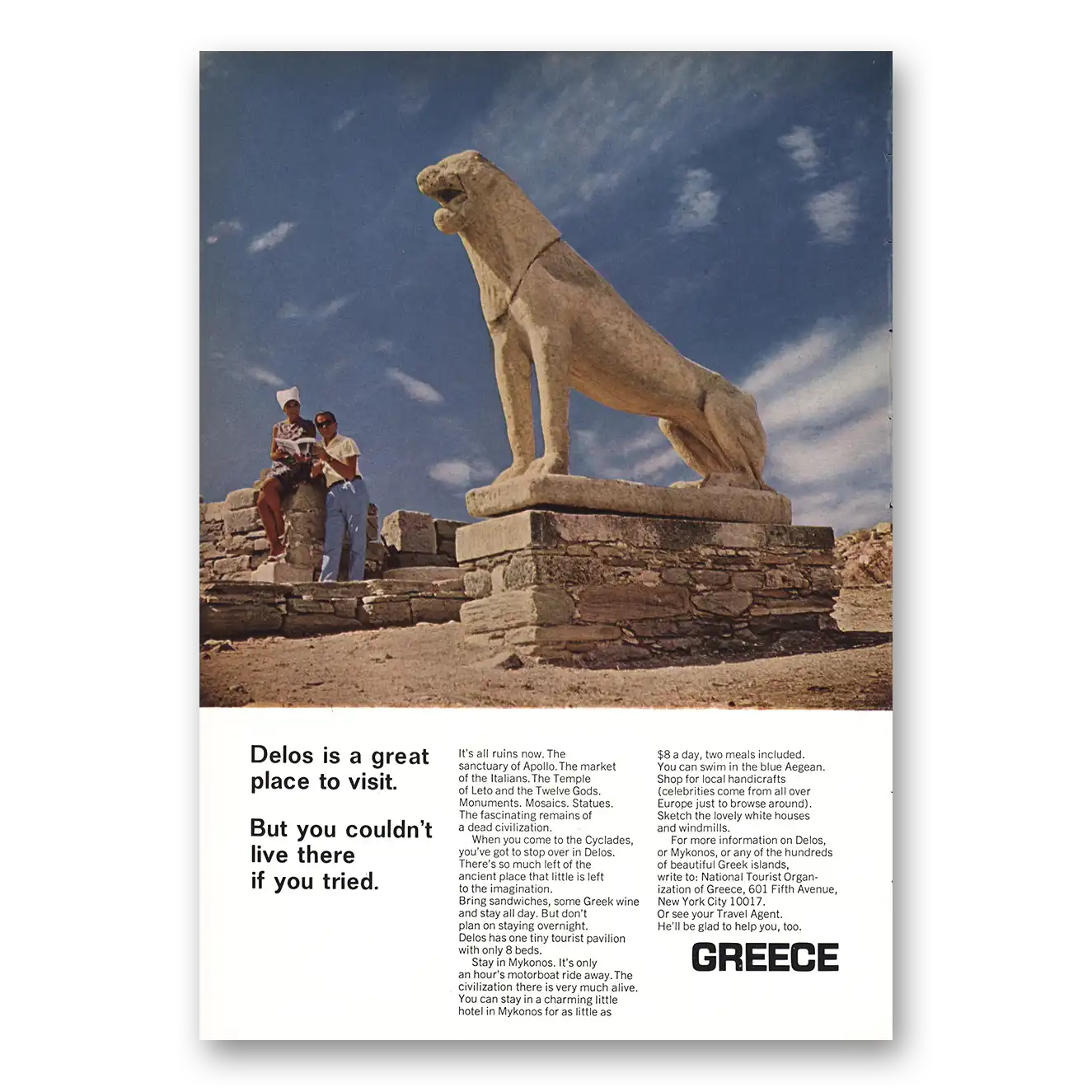 1965 Greece Delos Is a Great Place to Visit Vintage Magazine Print Ad