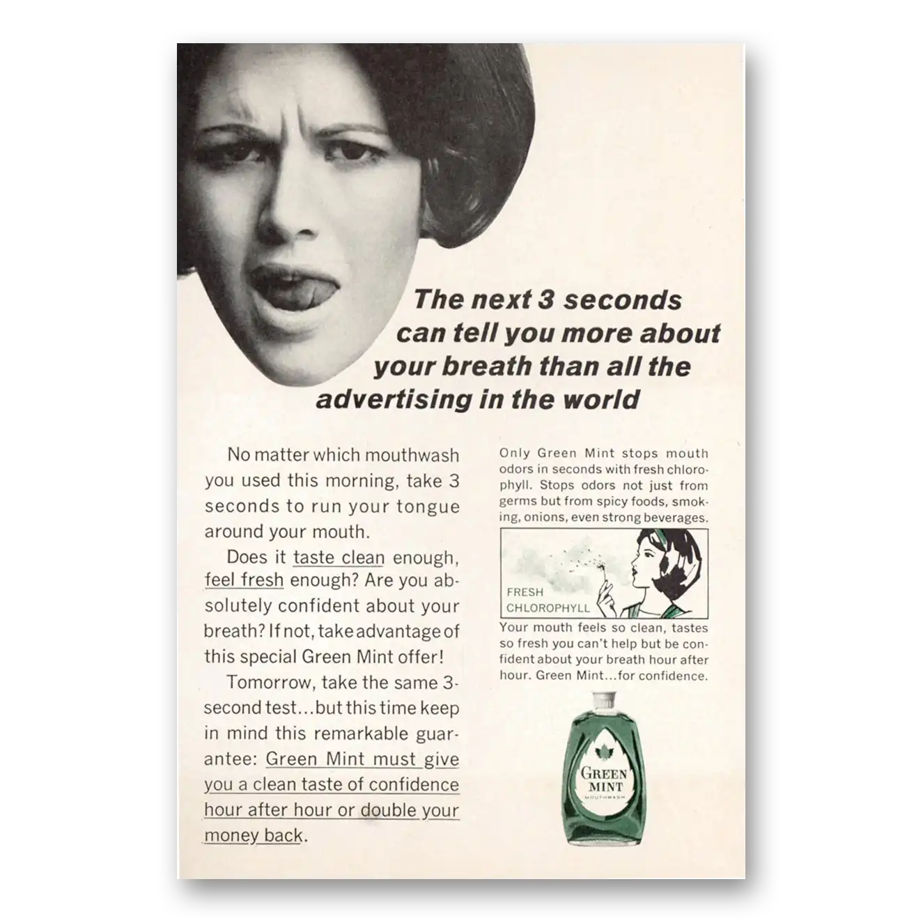 1965 Green Mint Mouthwash Next 3 Seconds Can Tell You More About Your Breath Vintage Magazine Print Ad