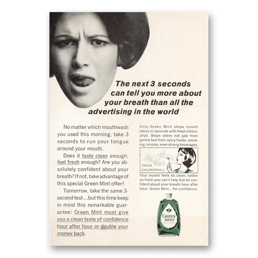 1965 Green Mint Mouthwash Next 3 Seconds Can Tell You More About Your Breath Vintage Magazine Print Ad