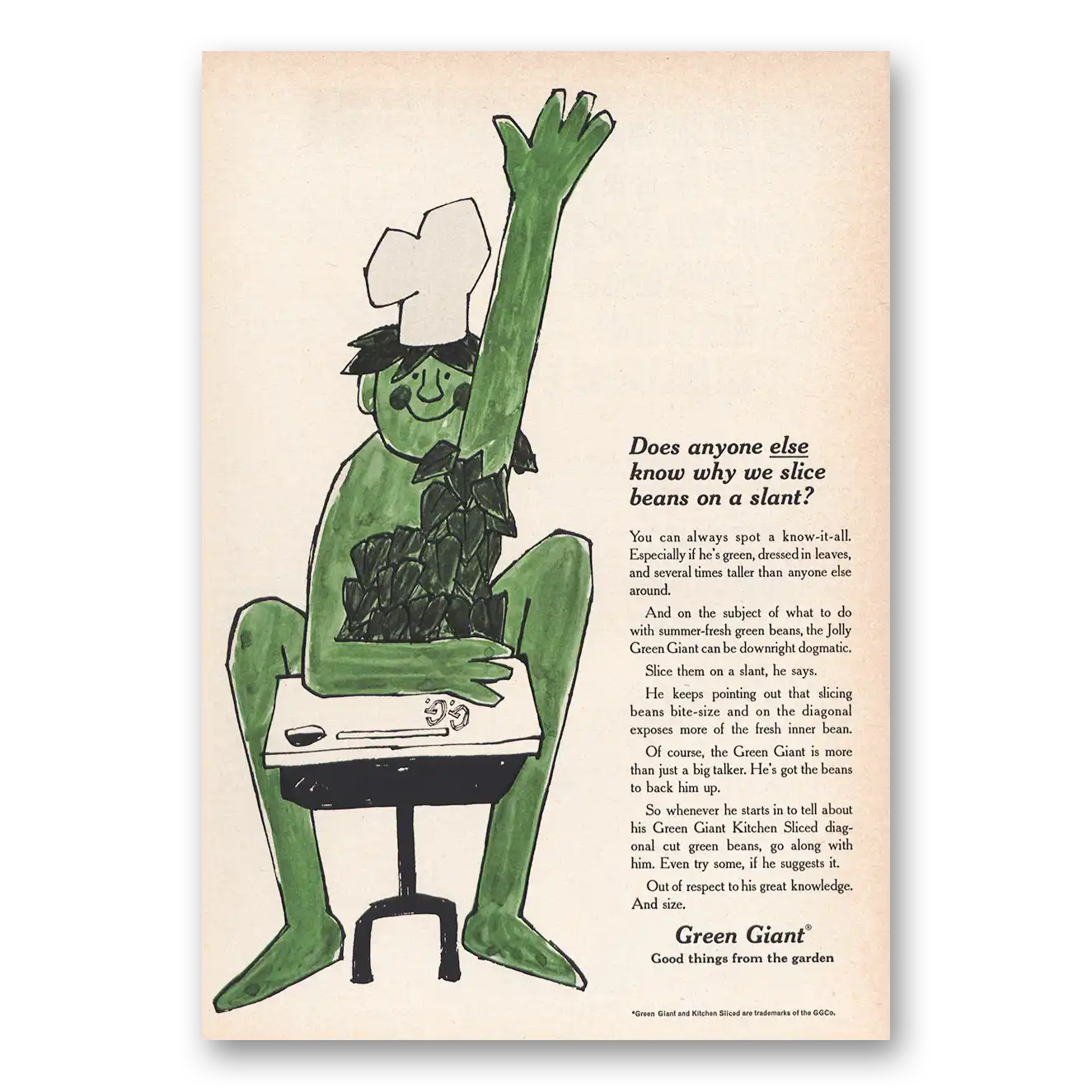 1965 Green Giant Why We Slice Beans On a Slant Vintage Magazine Print Ad