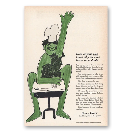 1965 Green Giant Why We Slice Beans On a Slant Vintage Magazine Print Ad