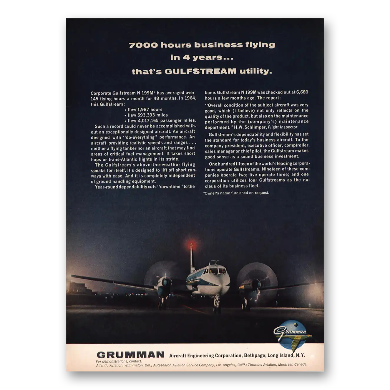 1965 Grumman Gulfstream 7000 Hours Business Flying Vintage Magazine Print Ad