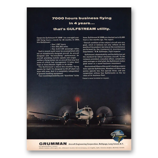 1965 Grumman Gulfstream 7000 Hours Business Flying Vintage Magazine Print Ad