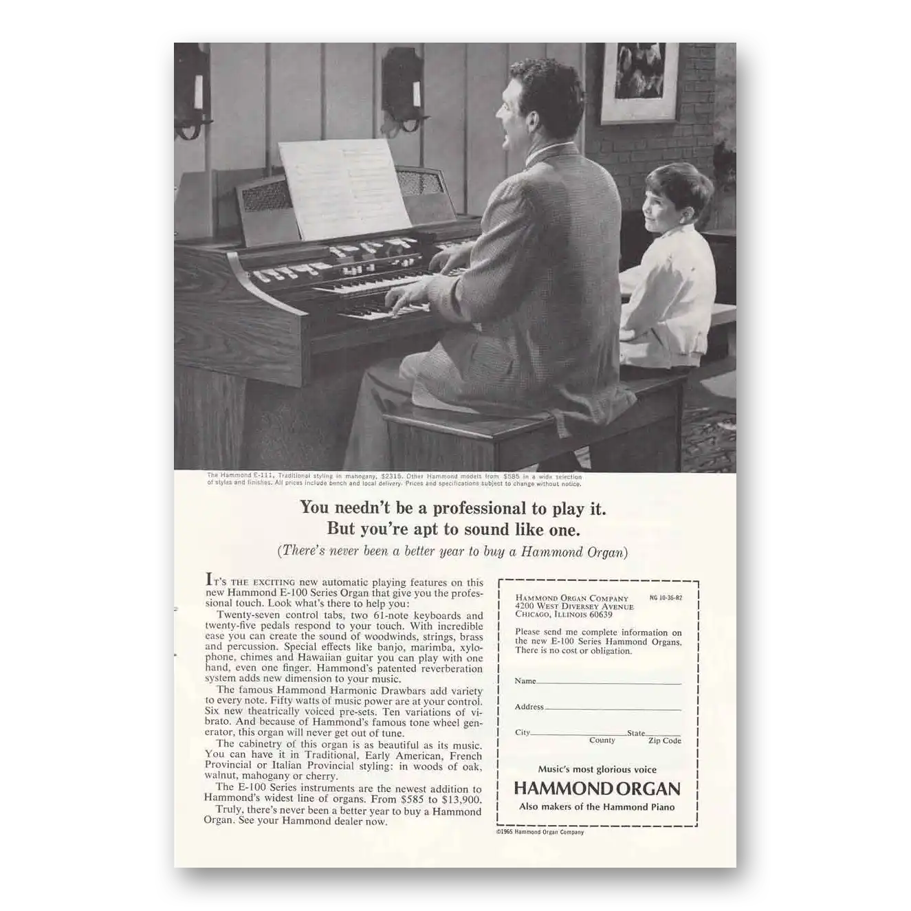 1965 Hammond Organ Needn't Be a Professional to Play Vintage Magazine Print Ad