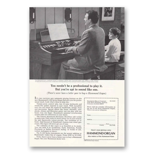 1965 Hammond Organ Needn't Be a Professional to Play Vintage Magazine Print Ad