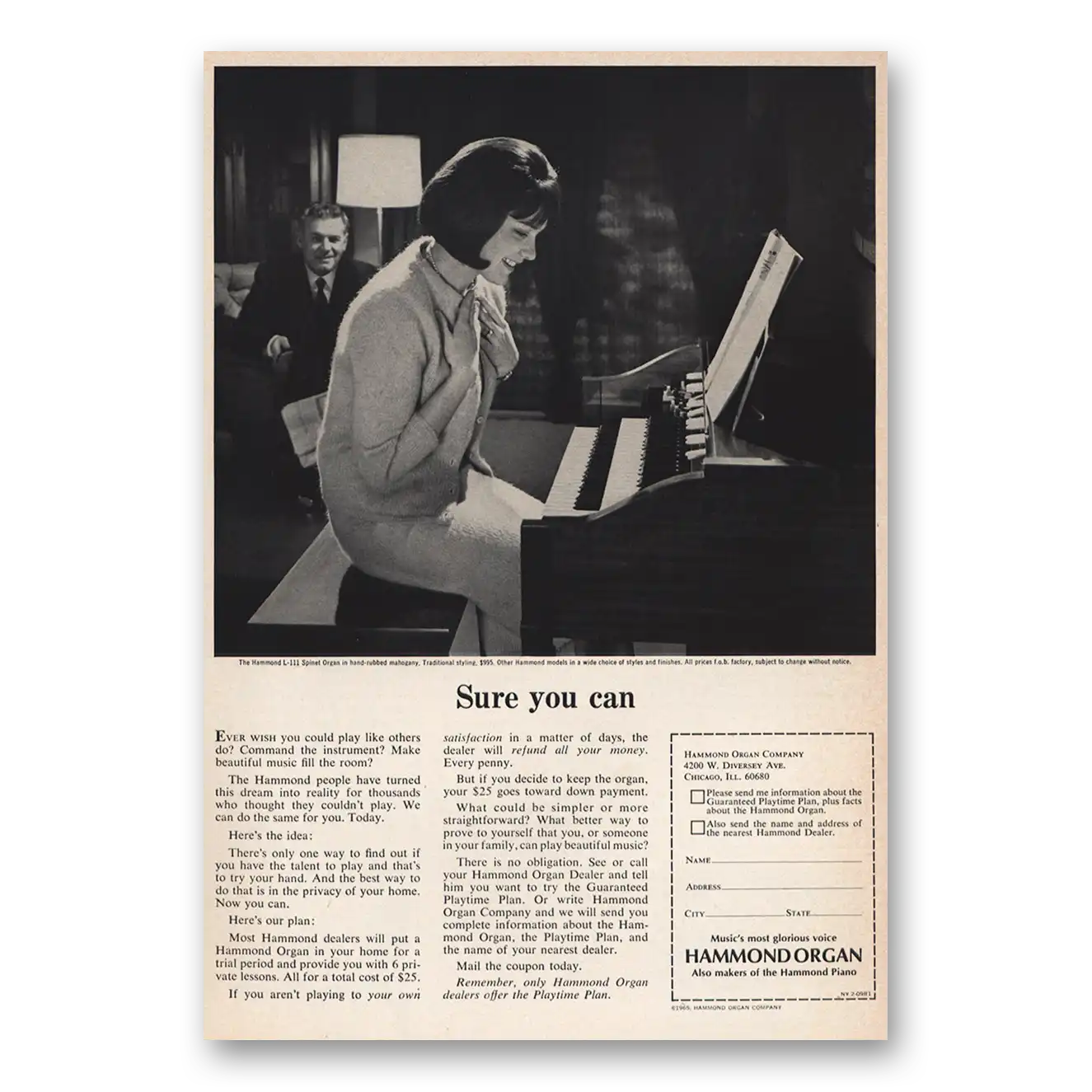 1965 Hammond Organ Sure You Can Vintage Magazine Print Ad