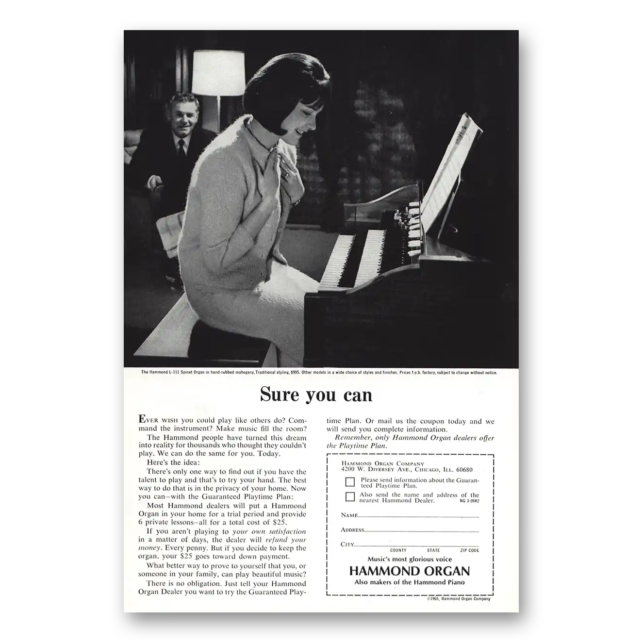 1965 Hammond Organ Sure You Can Vintage Magazine Print Ad