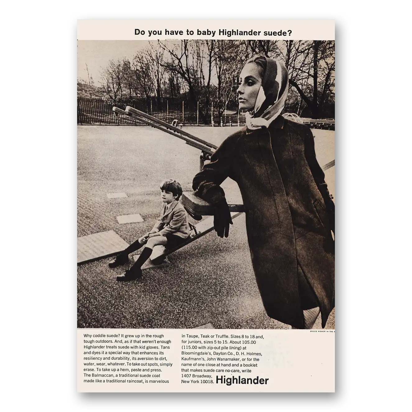 1965 Highlander Fashion Suede Do You Have to Baby Vintage Magazine Print Ad