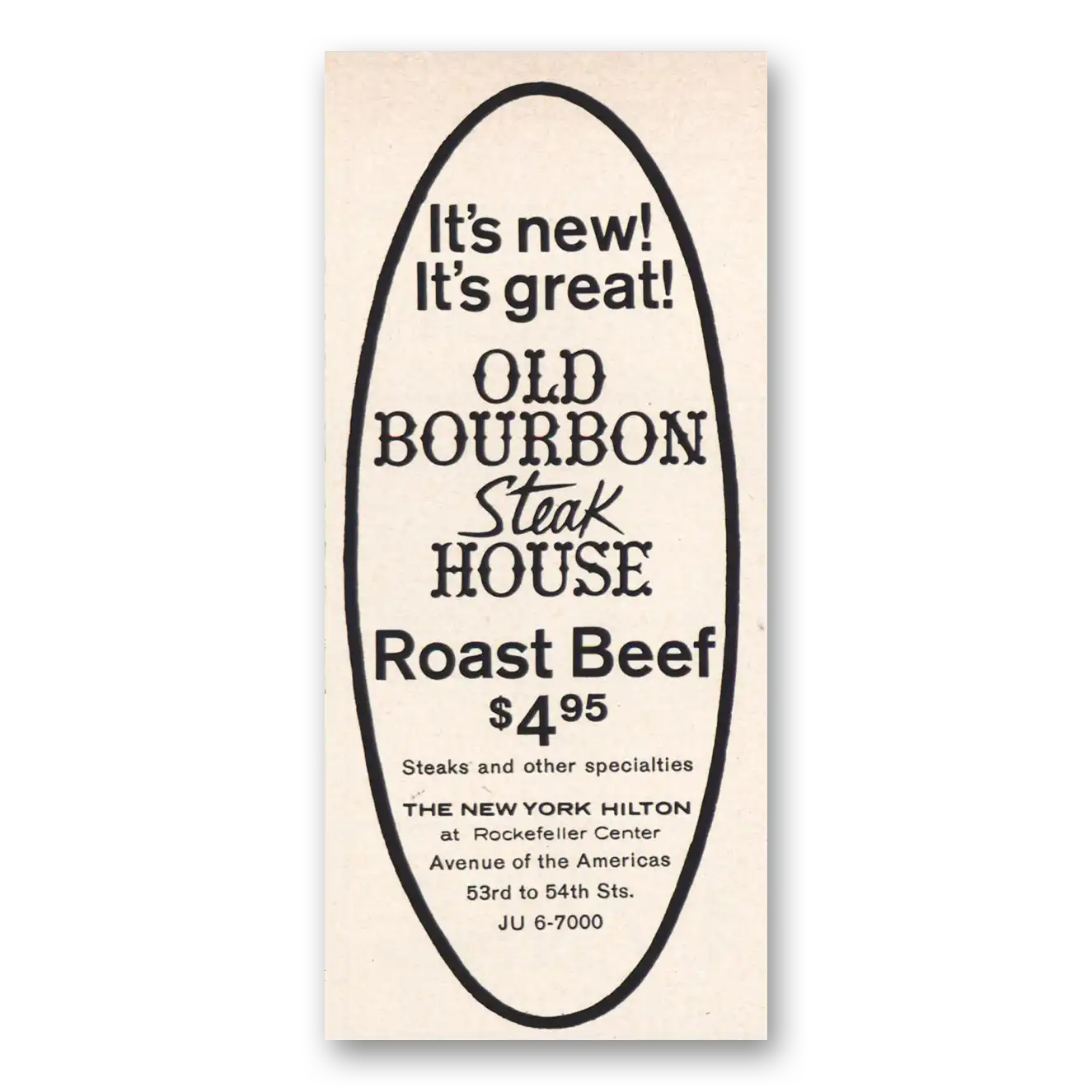 1965 Hilton Hotels Old Bourbon Steak House Vintage Magazine Print Ad