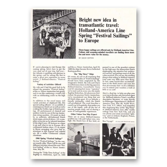 1965 Holland America Line Bright New Idea in Transatlantic Travel Vintage Magazine Print Ad