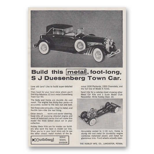 1965 Hubley Scale Models Build This Metal Foot Long S J Duesenberg Town Car Vintage Magazine Print Ad