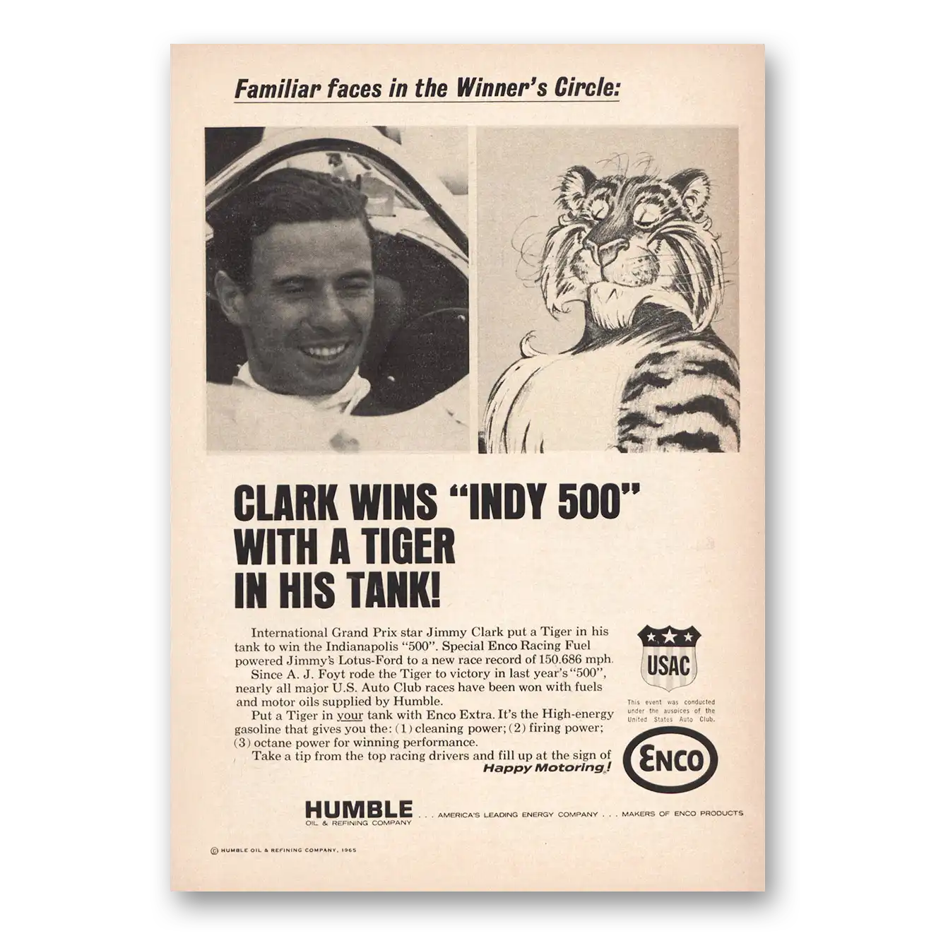 1965 Humble Oil Clark Wins Indy 500 Vintage Magazine Print Ad