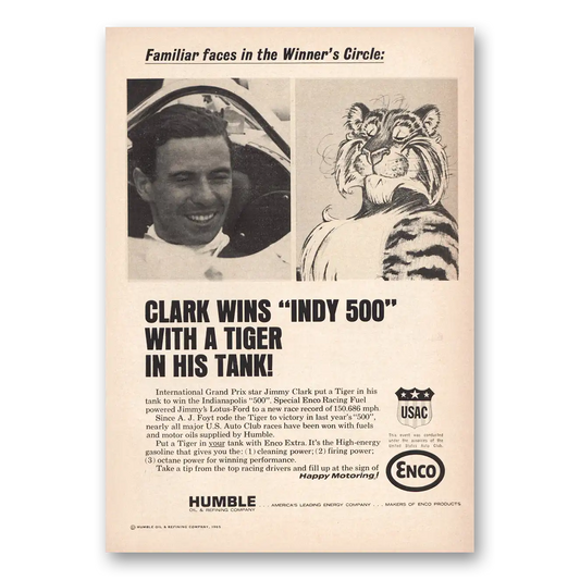 1965 Humble Oil Clark Wins Indy 500 Vintage Magazine Print Ad