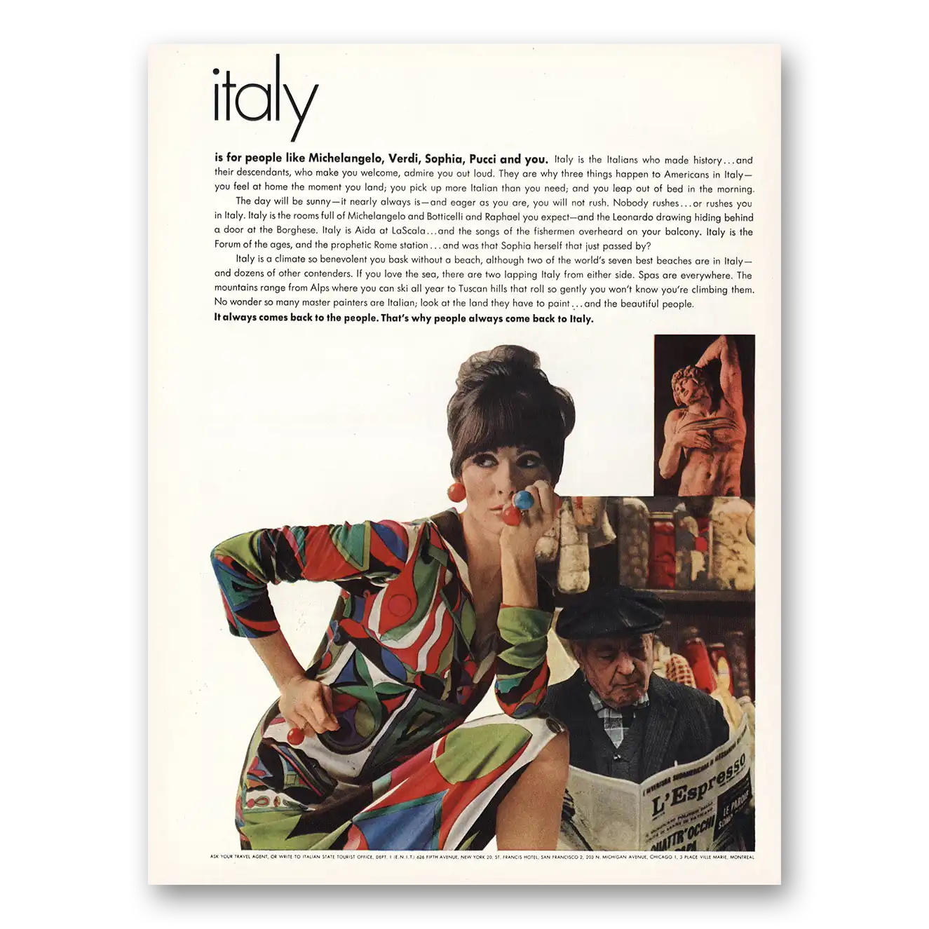 1965 Italy Michelangelo Verdi Sophia Pucci and You Vintage Magazine Print Ad