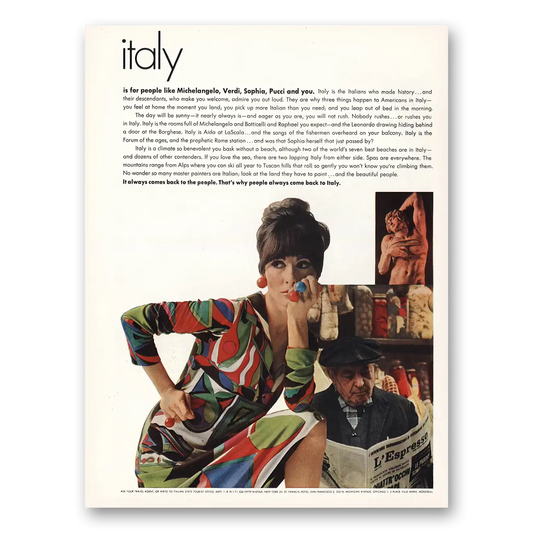 1965 Italy Michelangelo Verdi Sophia Pucci and You Vintage Magazine Print Ad