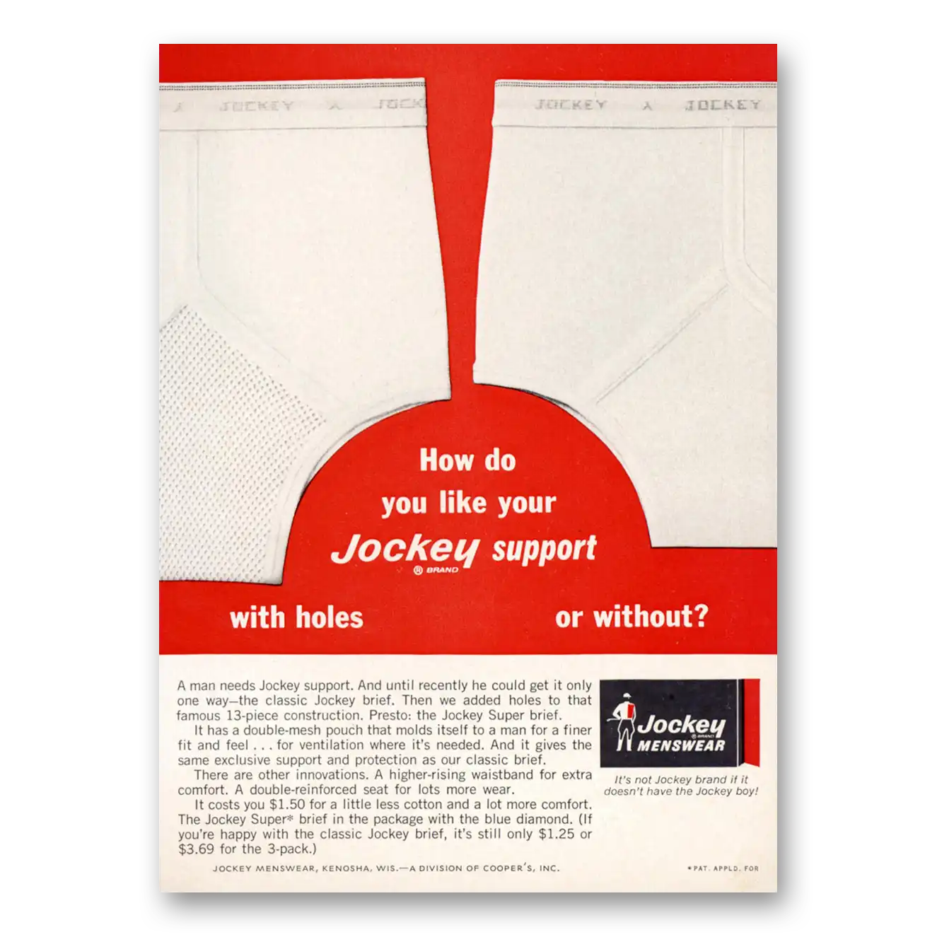 1965 Jockey Underwear With Holes or Without Vintage Magazine Print Ad