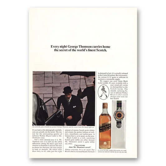1965 Johnnie Walker Black Label George Thomson Carries Home the Secret Vintage Magazine Print Ad