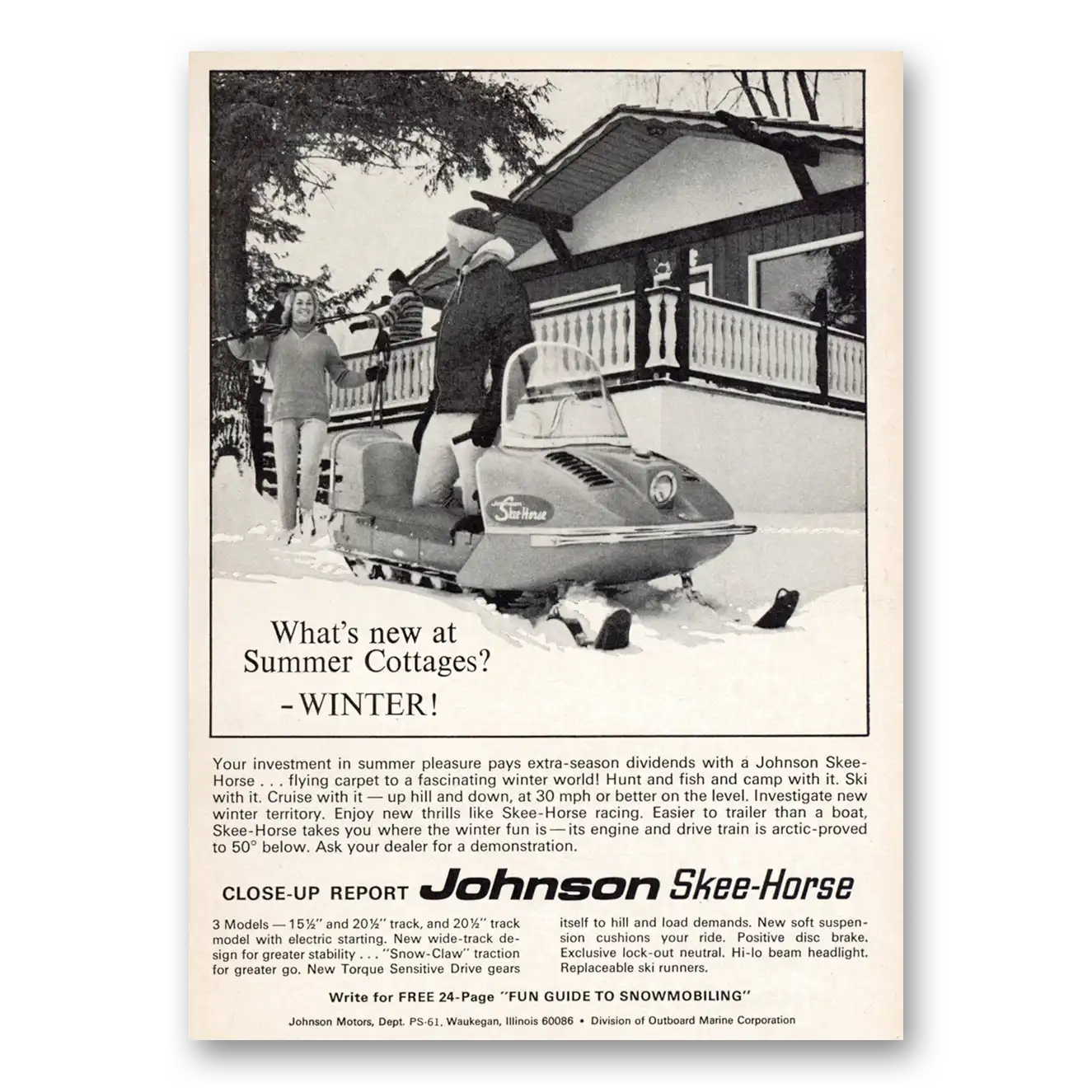 1965 Skee Horse Snowmobiles Whats New at Summer Cottages Vintage Magazine Print Ad