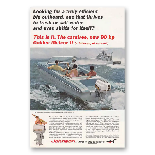 1965 Johnson Sea Horse Motors Golden Meteor II Truly Efficient Big Outboard Vintage Magazine Print Ad