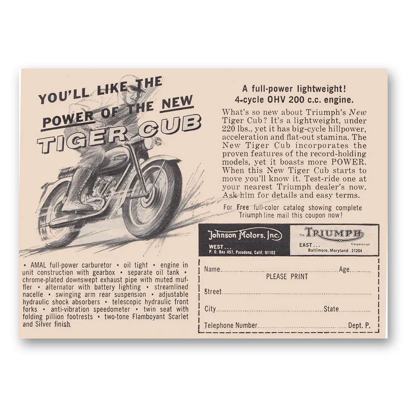 1965 Triumph Motorcycle Tiger Cub Like the Power Vintage Magazine Print Ad