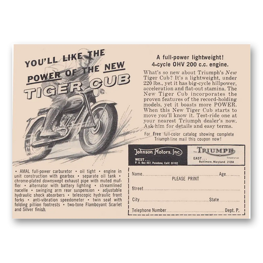 1965 Triumph Motorcycle Tiger Cub Like the Power Vintage Magazine Print Ad