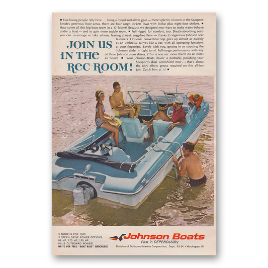 1965 Johnson Boats Join Us In the Rec Room Vintage Magazine Print Ad