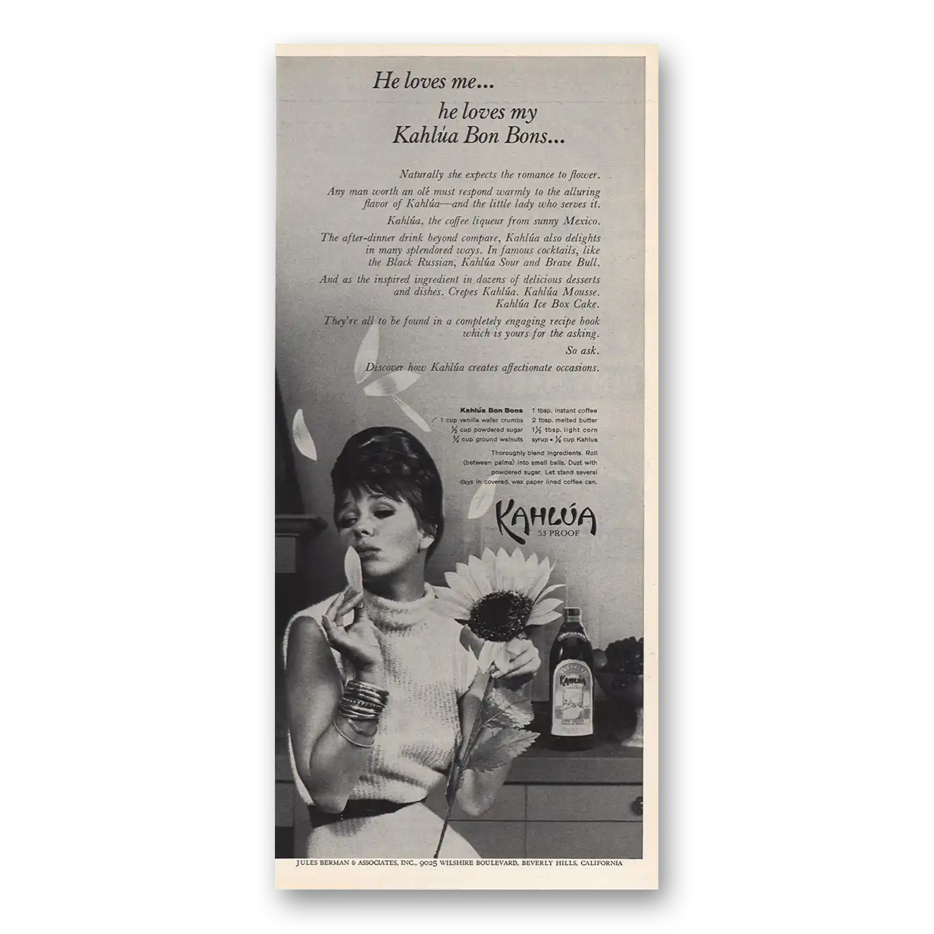 1965 Kahlua He Loves My Kahlua Bon Bons Vintage Magazine Print Ad