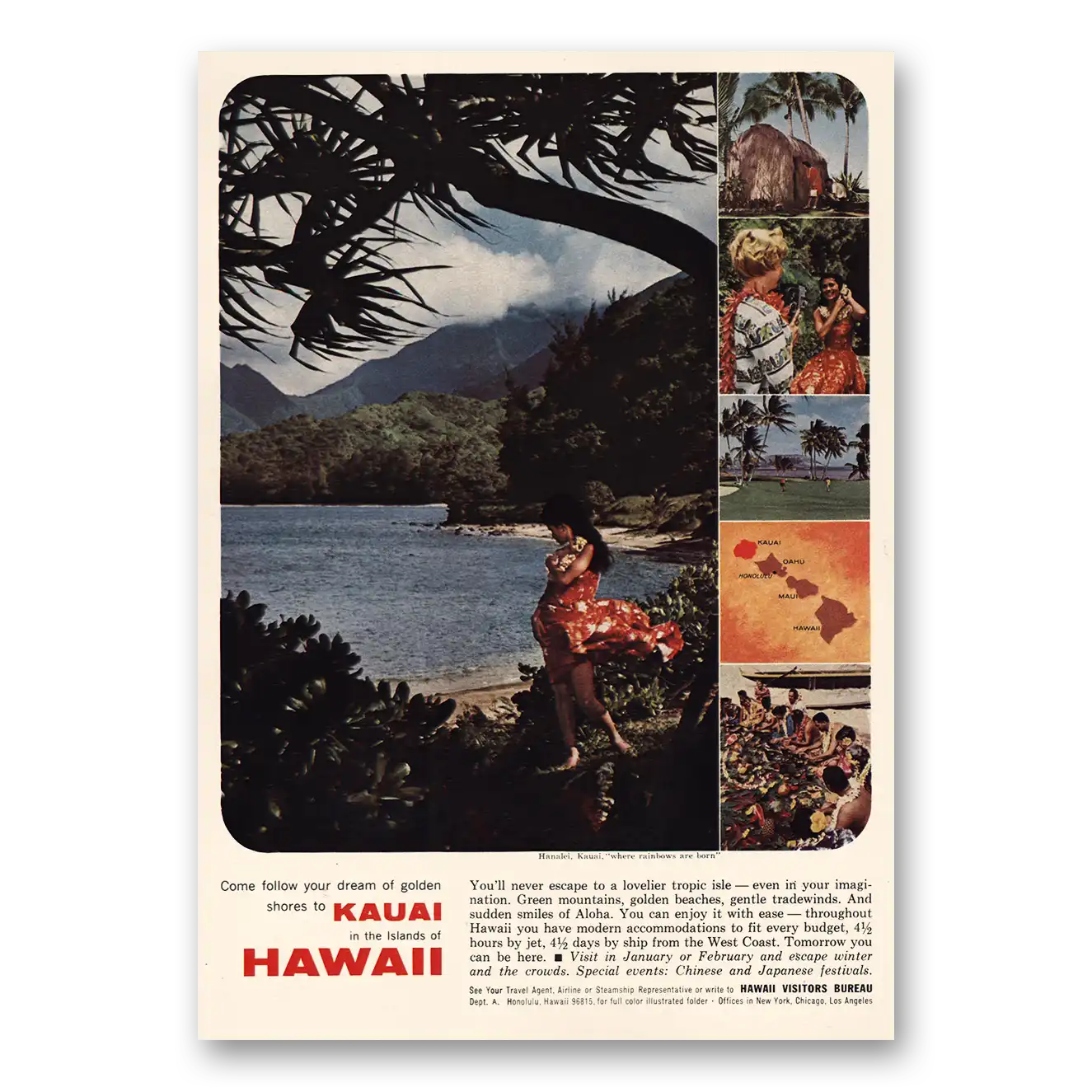 1965 Hawaii Dream of Golden Shores Vintage Magazine Print Ad