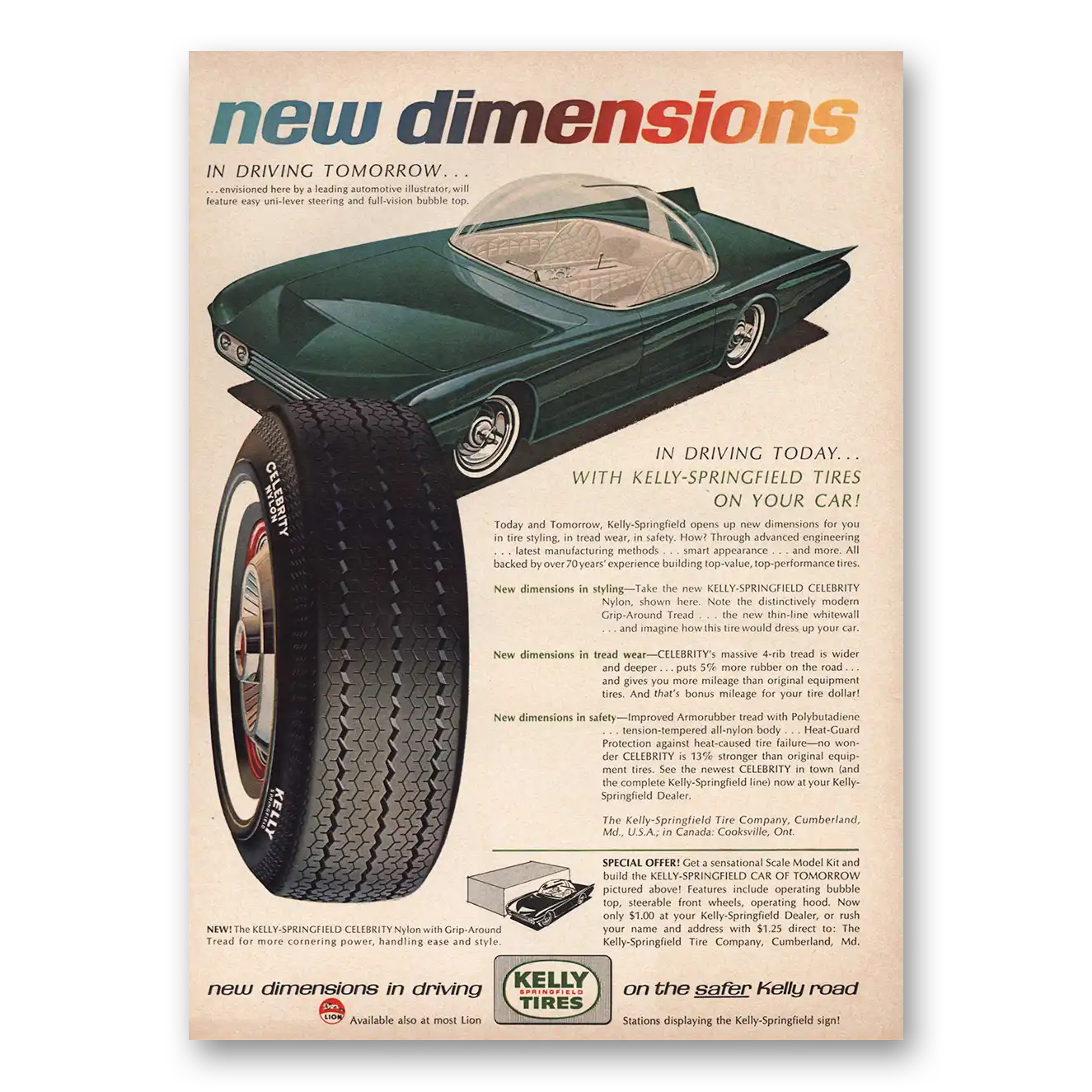 1965 Kelly Springfield Tires New Dimensions In Driving Tomorrow Vintage Magazine Print Ad