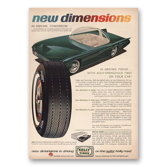 1965 Kelly Springfield Tires New Dimensions In Driving Tomorrow Vintage Magazine Print Ad