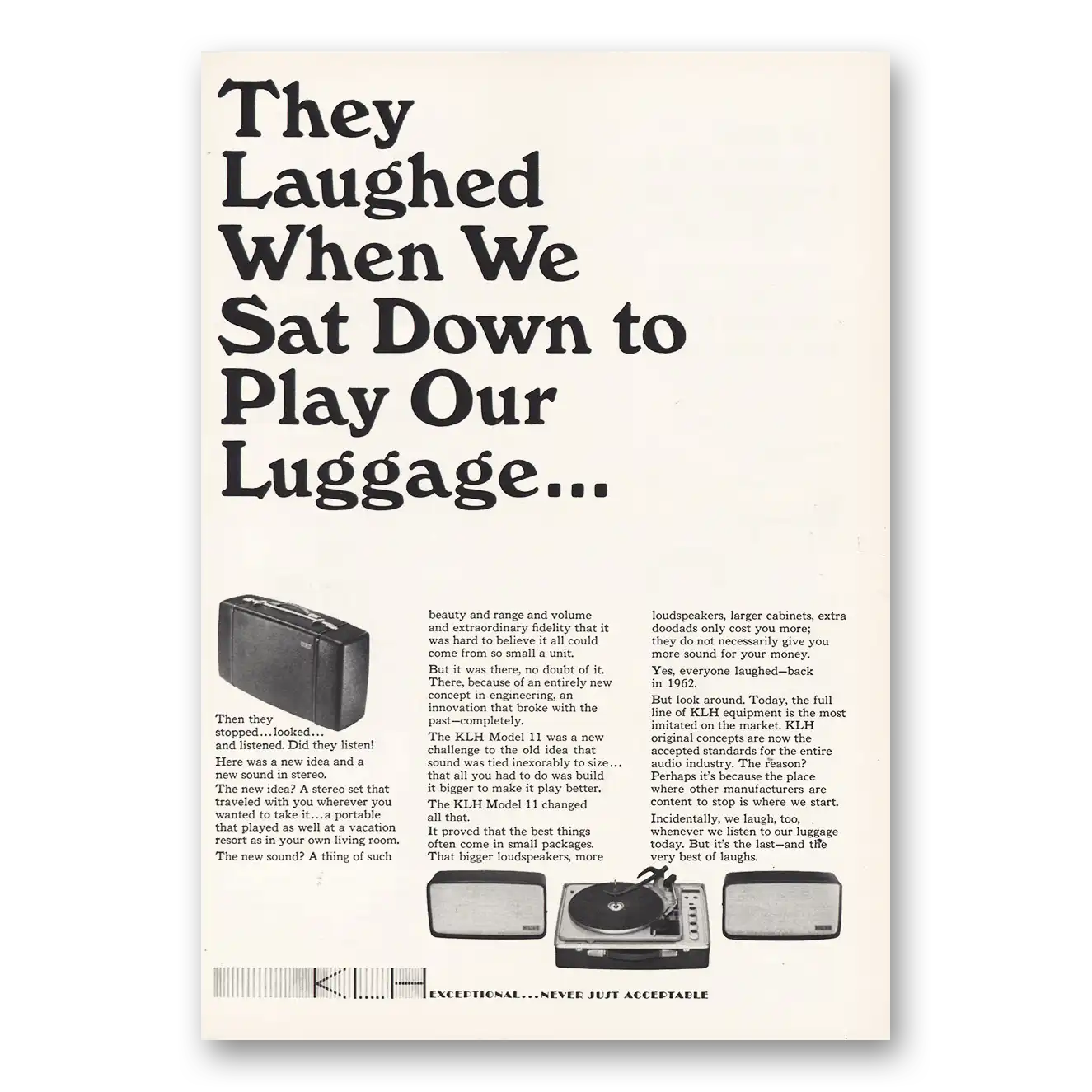 1965 KLH They Laughed Same Down On Luggage Vintage Magazine Print Ad