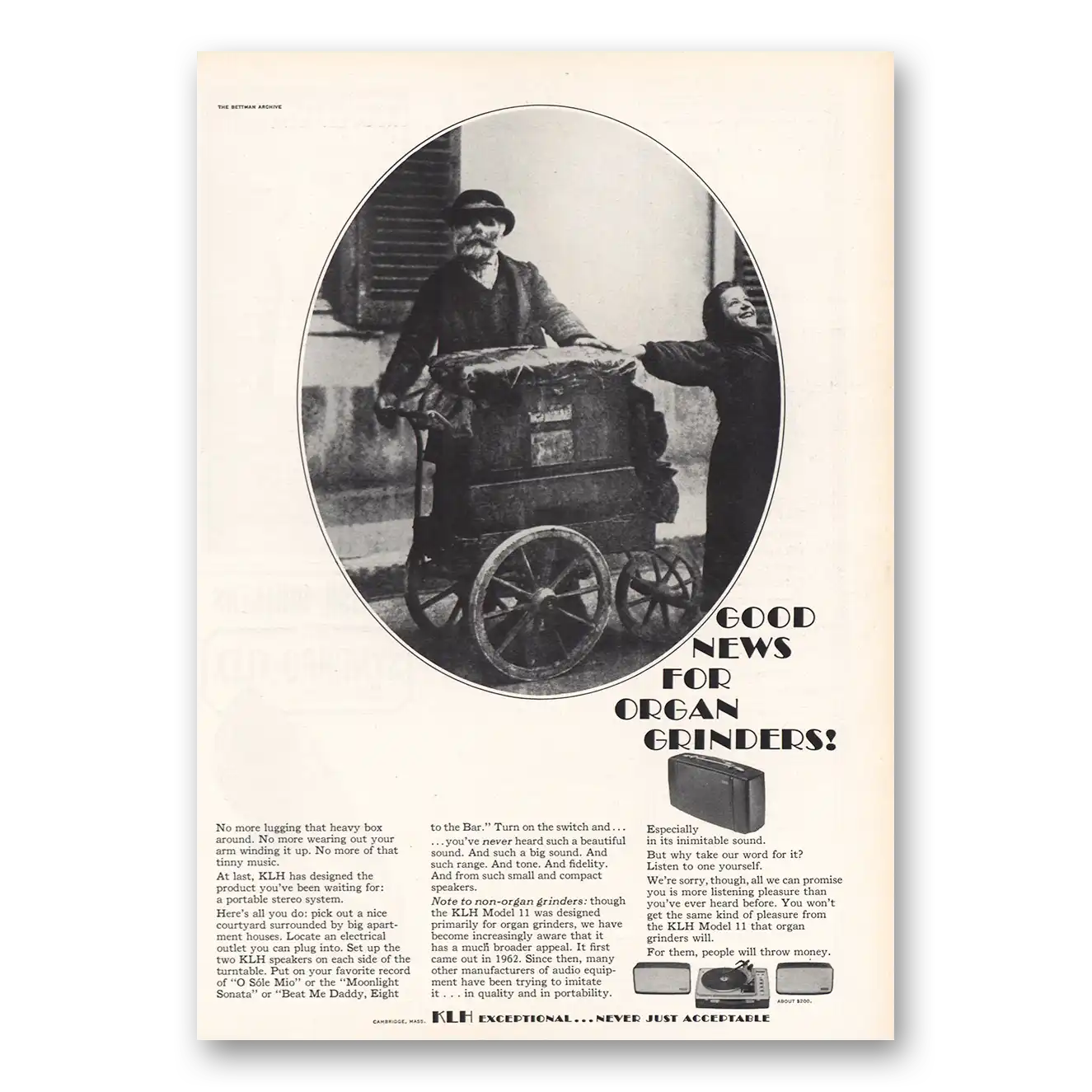 1965 KLH Good News for Organ Grinders Vintage Magazine Print Ad