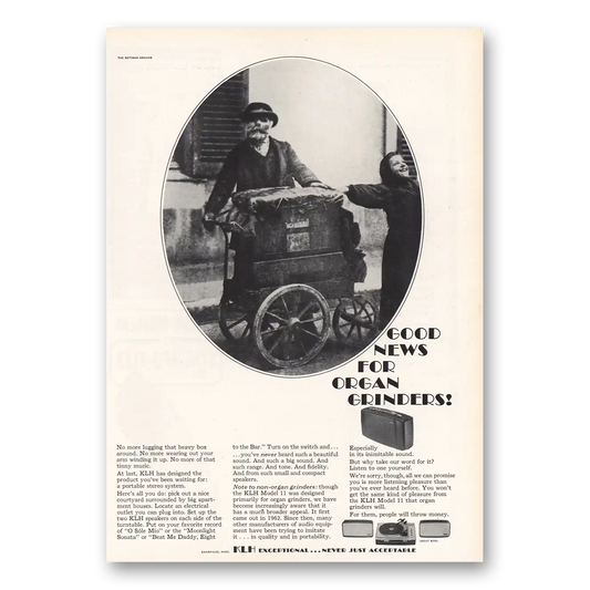 1965 KLH Good News for Organ Grinders Vintage Magazine Print Ad