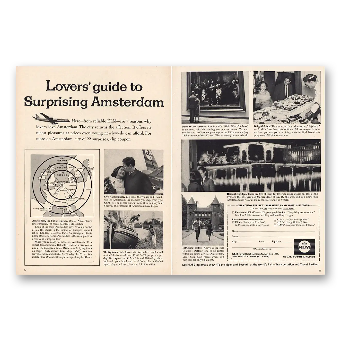 1965 KLM Royal Dutch Airlines Lovers Guide to Surprising Amsterdam Vintage Magazine Print Ad