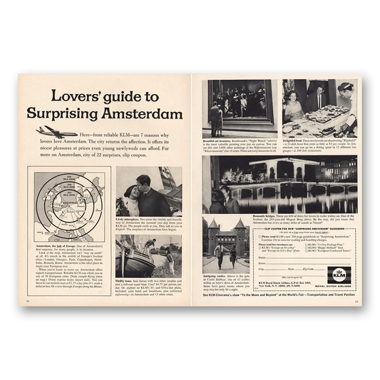 1965 KLM Royal Dutch Airlines Lovers Guide to Surprising Amsterdam Vintage Magazine Print Ad