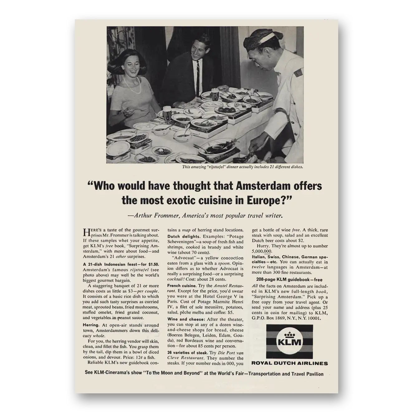 1965 KLM Royal Dutch Airlines Most Exotic Cuisine Vintage Magazine Print Ad