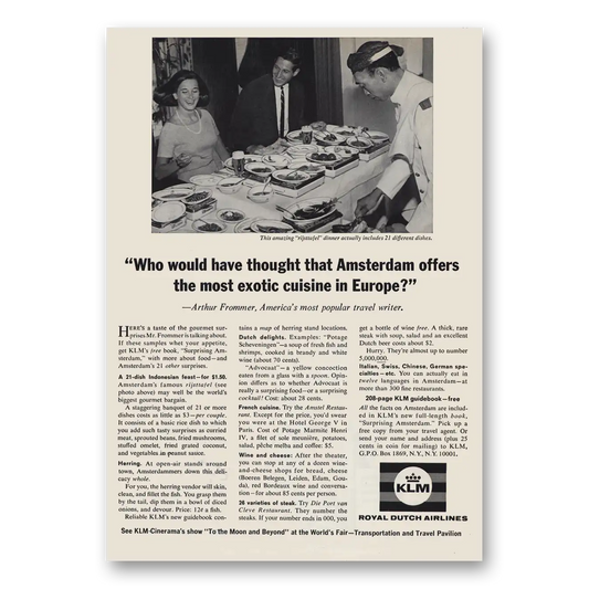 1965 KLM Royal Dutch Airlines Most Exotic Cuisine Vintage Magazine Print Ad