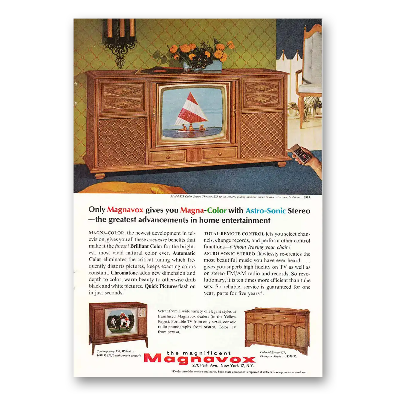 1965 Magnavox Magna Color Television Model 575 Sailboat Vintage Magazine Print Ad