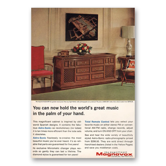 1964 Magnavox Hold Worlds Great Music Palm Of Hand Vintage Magazine Print Ad