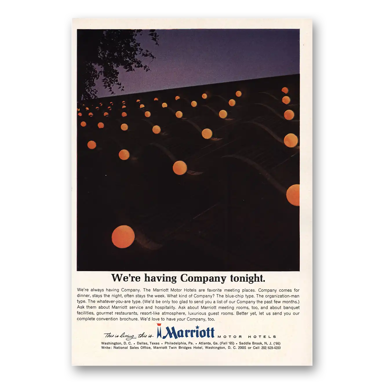 1965 Marriott Hotels Having Company Tonight Vintage Magazine Print Ad