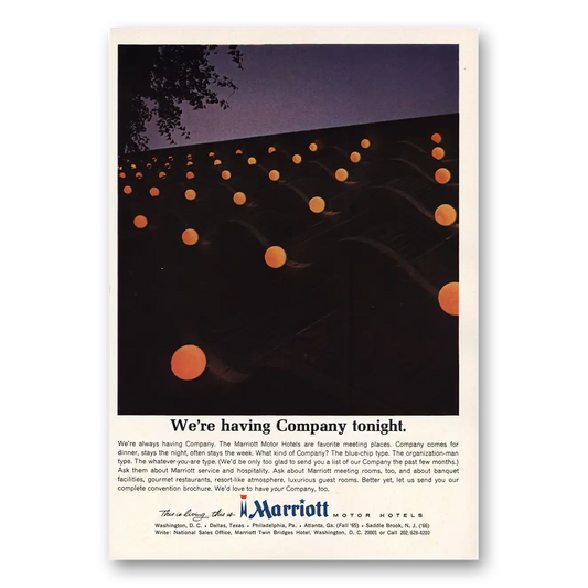 1965 Marriott Hotels Having Company Tonight Vintage Magazine Print Ad