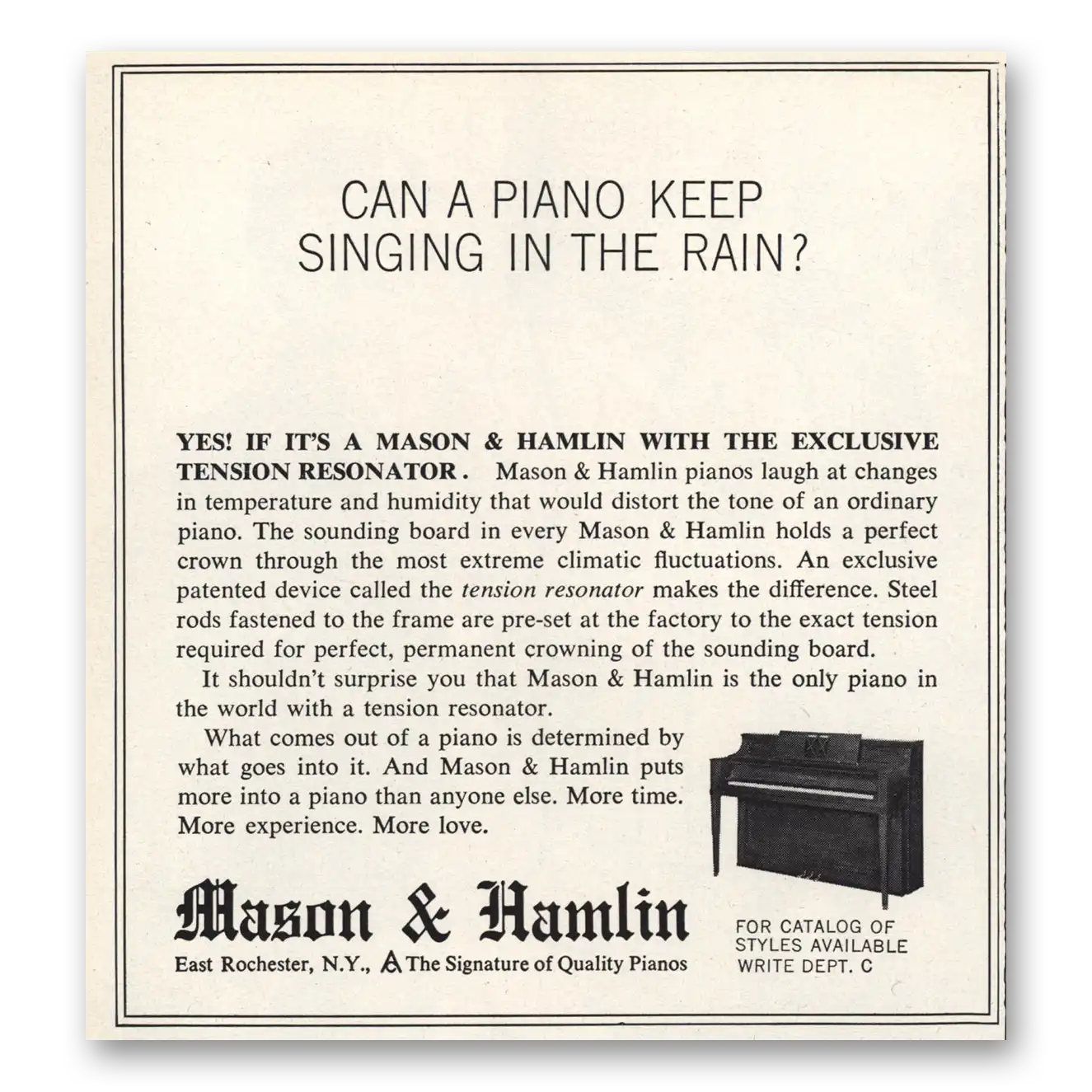 1965 Mason & Hamlin Piano Help Singing In the Rain Vintage Magazine Print Ad