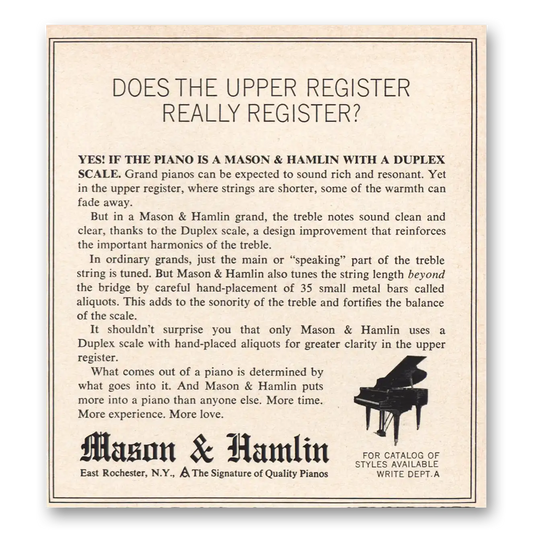 1965 Mason & Hamlin Upper Register Vintage Magazine Print Ad