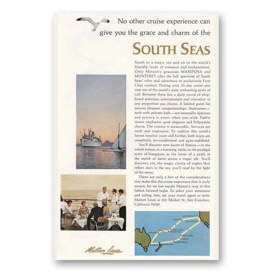 1965 Matson Line Grace and Charm South Seas Vintage Magazine Print Ad